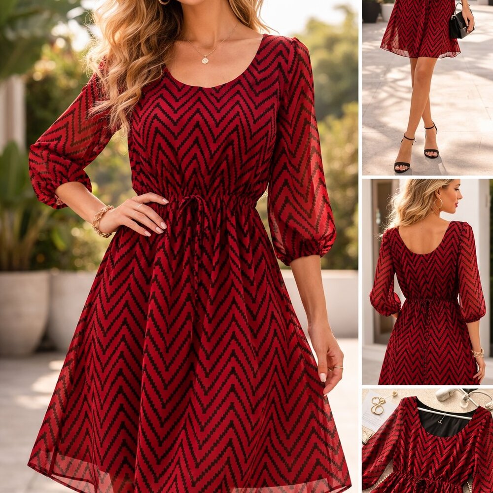 ESPRESSO Burgundy Grey 3/4 Sleeve Chevron Design Elastic Waist Dress Size Large